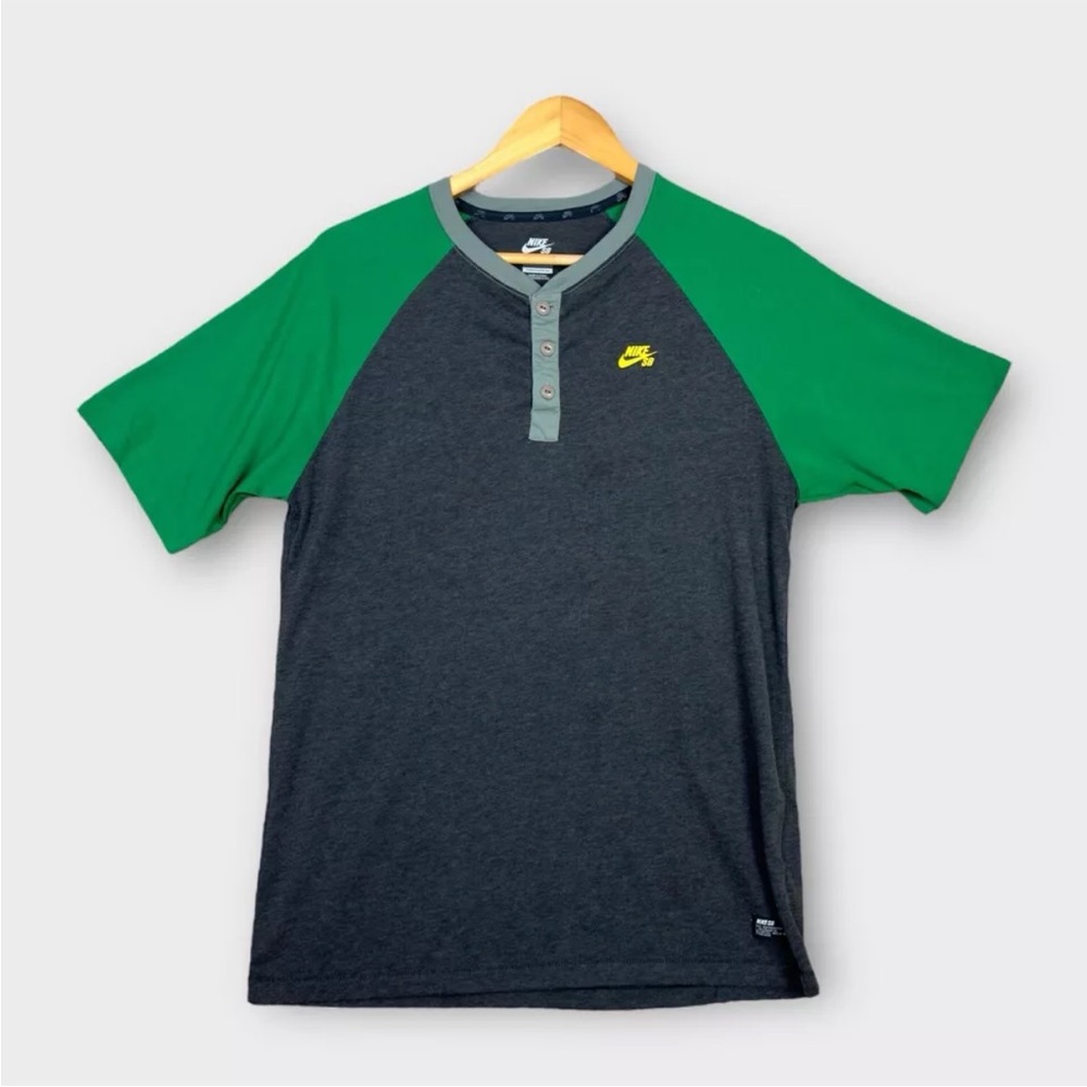 Nike SB Dri Fit Raglan Henley T Shirt Mens Medium Gray Teal Skateboarding